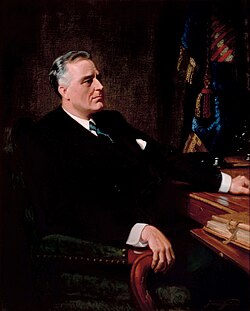 Official White House portrait of President Roosevelt by Frank O. Salisbury, c. 1947, is a copy by Salisbury of the original portrait painted in 1935.