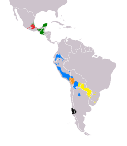 Main native languages in Latin America, legend: Quechua Guarani Aymara Nahuatl Mayan languages Mapuche