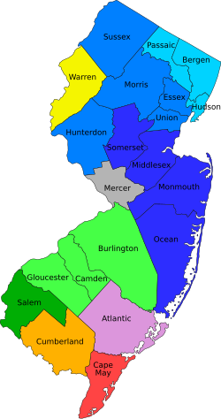 Metropolitan statistical areas and divisions of New Jersey; those shaded in blue are part of the New York City Metropolitan Area, including Mercer and Warren counties. Counties shaded in green, including Atlantic, Cape May, and Cumberland counties, belong to the Philadelphia Metropolitan Area.[clarification needed]