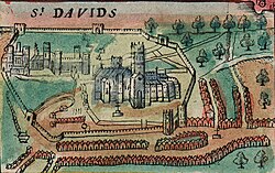 St Davids depicted on Speed's 1610 map of Wales