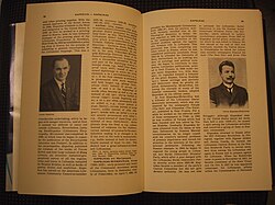 An open volume of Encyclopedia Lituanica with picture of publisher Juozas Kapočius on the left