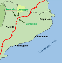 Hannibal's route (red) during the Second Punic War. The Iberian tribes (green) fought against the Carthaginian army in the Pyrenees.