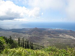 The island viewed from atop Green Mountain, looking West towards Two Boats Village and Georgetown