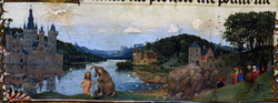 Bas-de-page of the Baptism of Christ, "Hand G" (Jan van Eyck?), Turin–Milan Hours. An illusionistic work for c. 1425, with the dove of the Holy Ghost in the sky.