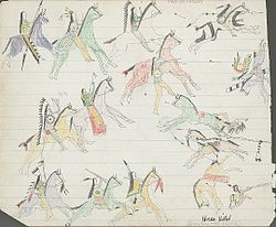 Ledger drawing of Kiowas engaging in horse mounted warfare with traditional enemy forces, 1875.