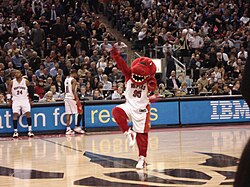 The Raptor mascot, a red featherless Velociraptor donning basketball shoes and a jersey numbered 95, after the last two digits of the year of the Raptors' establishment, rallying the crowd during a game.