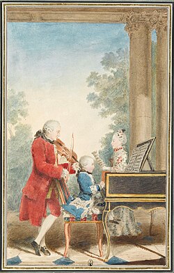 Mozart family on tour: Leopold, Wolfgang, Nannerl; watercolour by Carmontelle, c. 1763[11]