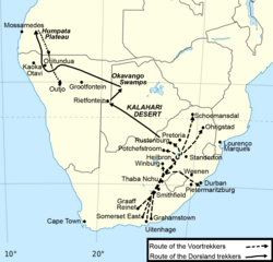 Map of the route of the Dorslandtrekkers from the Orange Free State and Transvaal