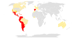 Geographical distribution of the Spanish language Official or co-official language Important minority (more than 25%) or majority language, but not official Notable minority language (less than 25% but more than 500,000 Spanish speakers)