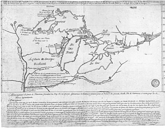 1675 French map, published shortly before the voyage of Le Griffon. Lake Michigan is named Lake Illinois (the name change is first recorded in 1681[44]), and Lake Ontario is named Lake Frontenac, after the then-governor of New France.