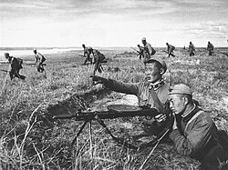 Mongolian troops fight against the Japanese counterattack at Khalkhin Gol, 1939.