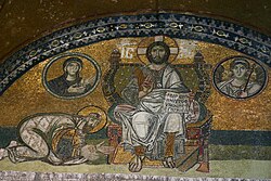 Emperor Leo VI (886–912) adoring Jesus Christ. Mosaic above the Imperial Gate in the Hagia Sophia.