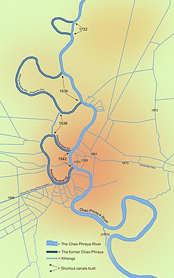 Bangkok's major canals are shown in this map, detailing the original course of the river and its shortcut canals.
