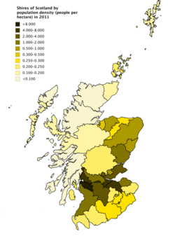 Counties of Scotland by population density (people per hectare) in 2011