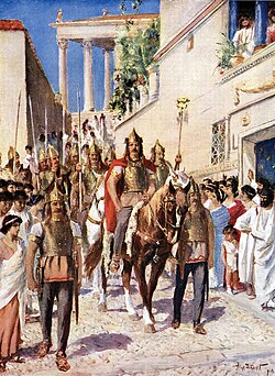 20th-century painting of Alaric I, leader of the Visigoths 395–410, entering Athens after capturing the city in 395