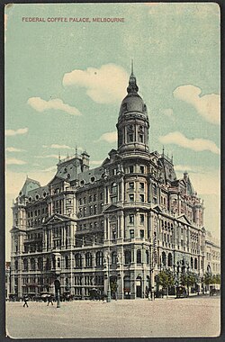 The Federal Coffee Palace, built on Collins Street, Melbourne, in 1888, was the largest and grandest "coffee palace" ever built.[citation needed] It was demolished in 1973.