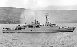 HMS Antelope smoking after being hit, 23 May