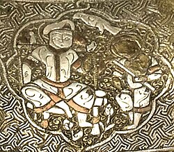 Regnal scene on the Blacas ewer, 1232, Mosul, Zengid dynasty.[24]