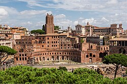 The Imperial fora belong to a series of monumental fora (public squares) constructed in Rome by the emperors. Also seen in the image is Trajan's Market.
