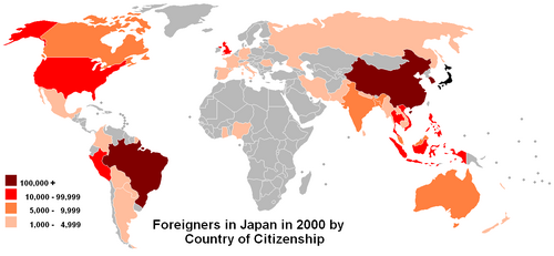 The map of foreign residents living in Japan as of the year 2000.