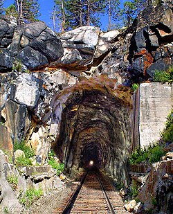 The 1,659-foot (506 m) Donner Pass Summit Tunnel (#6) was in service from 1868 to 1993.