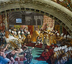 Detail from an illustration by Raphael, portraying the crowning of Charlemagne in Old Saint Peter's Basilica, on 25 December 800