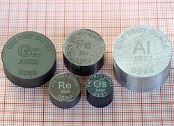 One troy ounce (480 grains; 31 grams) samples of germanium, iron, aluminium, rhenium and osmium. The differences in size are due to differences in density.