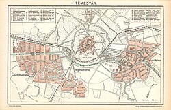 A Hungarian-language map of late-19th century Timișoara with the four historical districts: Cetate (Belváros), Fabric (Gyárkülváros), Elisabetin (Majorkülváros) and Iosefin (Józsefkülváros)
