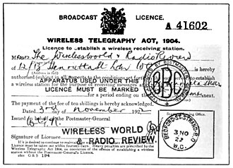 A BBC receiver licence from 1922. The British government required listeners to purchase yearly licences, which financed the stations.