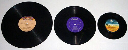 Three vinyl records of different formats, from left to right: a 12-inch LP, a 10-inch LP, a 7-inch single