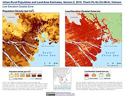 Population density and elevation above sea level in the city (2010). Ho Chi Minh City is vulnerable to sea level rise.