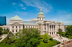 The Indiana Statehouse in Indianapolis, seat of Indiana's state government, hosts the Indiana General Assembly, the Indiana Supreme Court, and the Governor of Indiana.