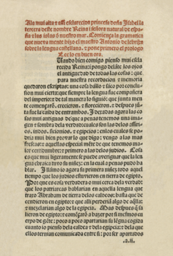 The first page of Nebrija's Gramática de la lengua castellana in 1492.