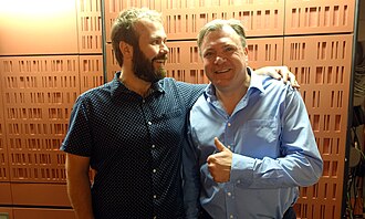 Finnemore (left) with Ed Balls at BBC Radio 4 in 2017
