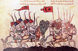 The battle of Wadi al-Khazandar, 1299. depicting Mongol archers and Mamluk cavalry; 14th-century illustration from a manuscript of the History of the Tatars.