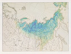 Permafrost occurrences and southern limit of permafrost according to Karl Ernst von Baer, 1843