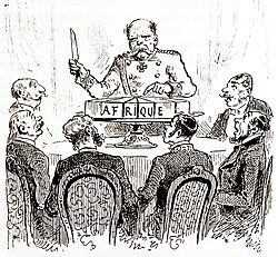 Press cartoon published in L'Illustration on 3 January 1885, showing German Chancellor Bismarck about to partition Africa