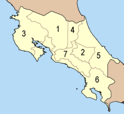 Provinces 1 Alajuela, 2 Cartago, 3 Guanacaste, 4 Heredia, 5 Limón, 6 Puntarenas, 7 San José
