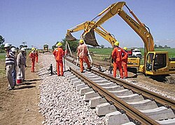Railway workers laying track on the Belgrano Railway, following state investment