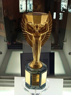 Jules Rimet Trophy replica on display in the English National Football Museum. The original was stolen from Brazil in 1983 and has never been recovered.