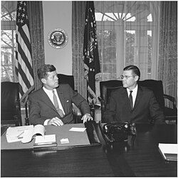 President Kennedy meeting with Secretary of Defense McNamara, in June 1962