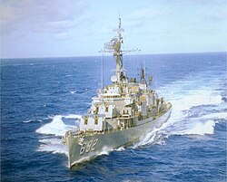 USS Allen M. Sumner, the lead ship of the US Navy's Allen M. Sumner class of destroyers, sailing off the coast of Hawaii