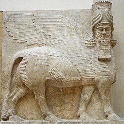 Lamassu facing forward. Bas-relief from the king Sargon II's palace at Dur Sharrukin in Assyria (now Khorsabad in Iraq), c. 713–716 BC. From Paul-Émile Botta's excavations in 1843–1844.
