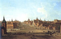 Previously the city of Madrid was full of Herrerian buildings. In the painting the Calle de Alcalá in 1750 by Antonio Joli.
