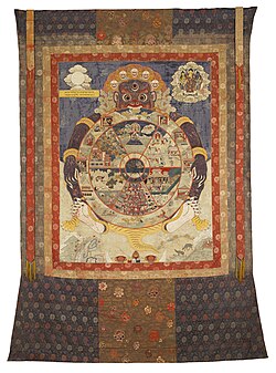 Traditional Tibetan Buddhist Thangka depicting the Wheel of Life with its six realms
