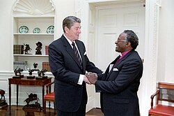 President Reagan meeting with South African anti-apartheid activist Desmond Tutu in 1984