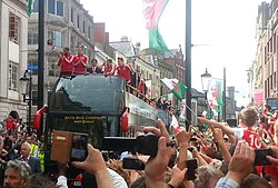 After reaching the Euro 2016 semi-final, the Wales National Football Team return to Wales for an open-top bus parade through Cardiff city centre.