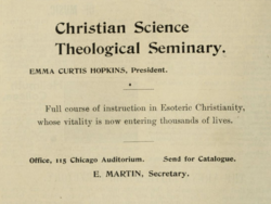 Advertisement for Emma Hopkins' Christian Science Theological Seminary in The Arena c. 1892
