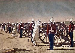 Blowing from Guns in British India, which depicts execution by blowing from a gun, a method used by the British to execute Indian rebels after the end of the rebellion. This 1884 painting is by Vasily Vereshchagin