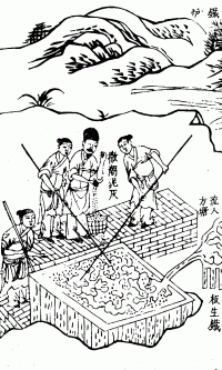 Puddling in China, c. 1637. Opposite to most alloying processes, liquid pig-iron is poured from a blast furnace into a container and stirred to remove carbon, which diffuses into the air forming carbon dioxide, leaving behind a mild steel to wrought iron